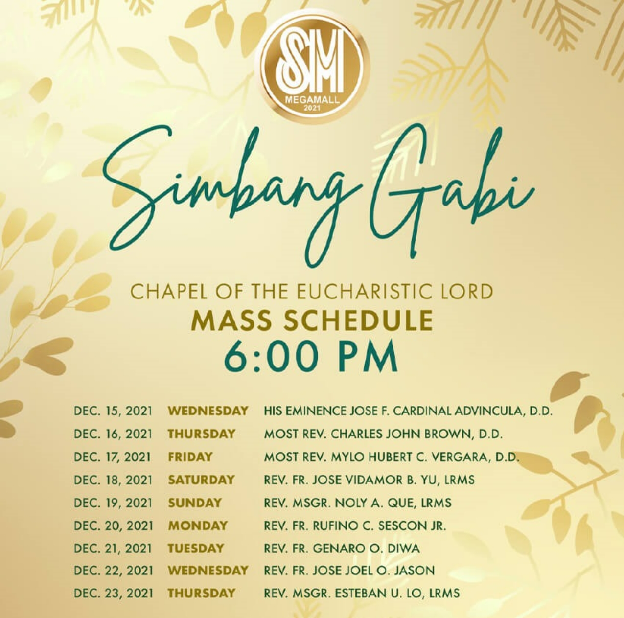 Simbang Gabi Mass Schedule at Select SM Supermalls Branches SM Supermalls